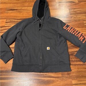 Carhartt Rain defender fleece lined Charcoal Zip-Up with Bold Orange Sleeve Logo